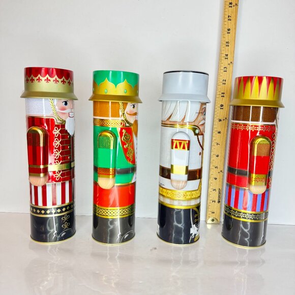 Silver Crane Christmas 12" Empty Tin Collector Nutcracker Holiday Lidded Set 4 - Picture 8 of 11
